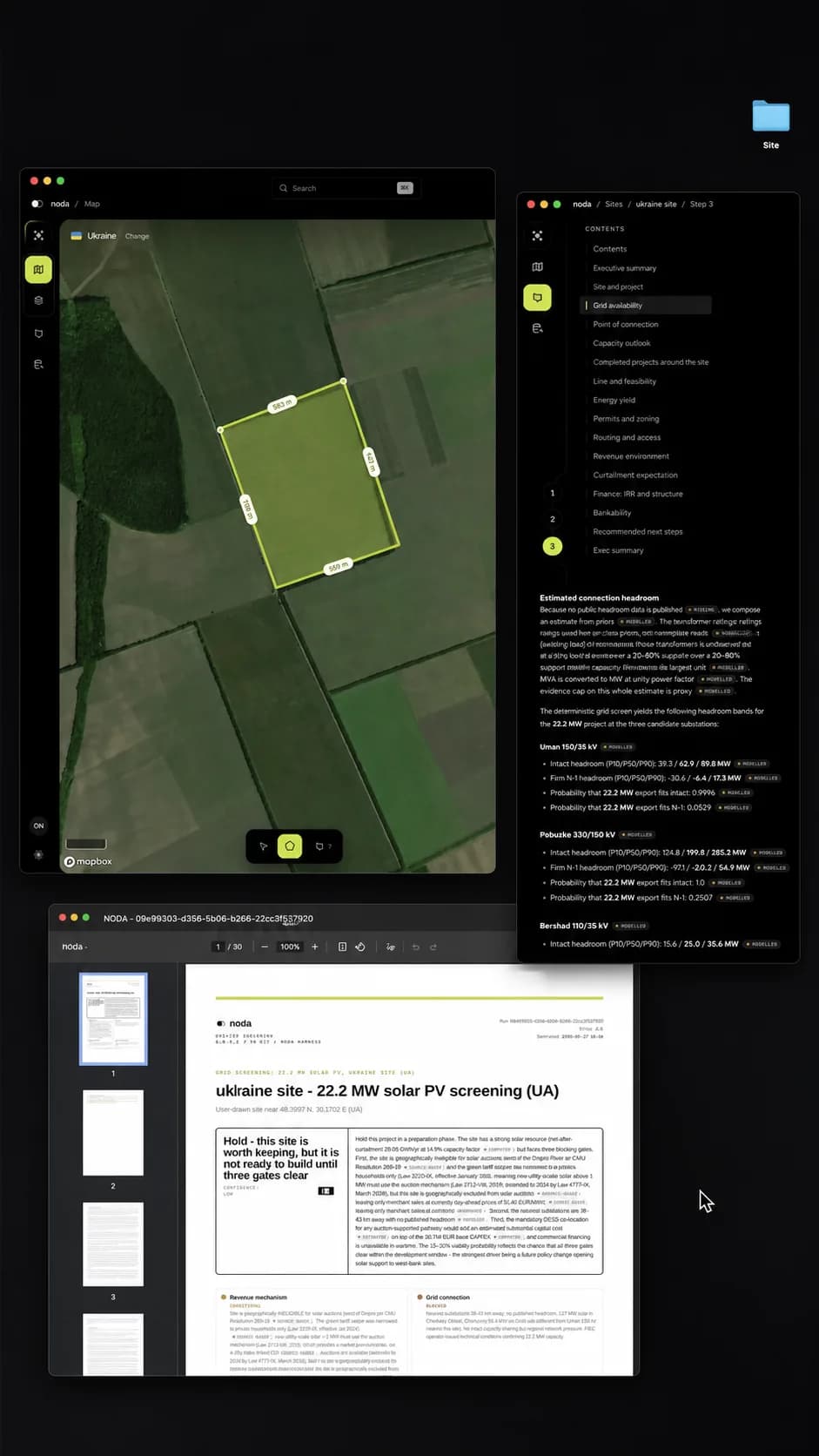 Three Noda windows open on one desktop: the site on the map, the report contents, and the report itself