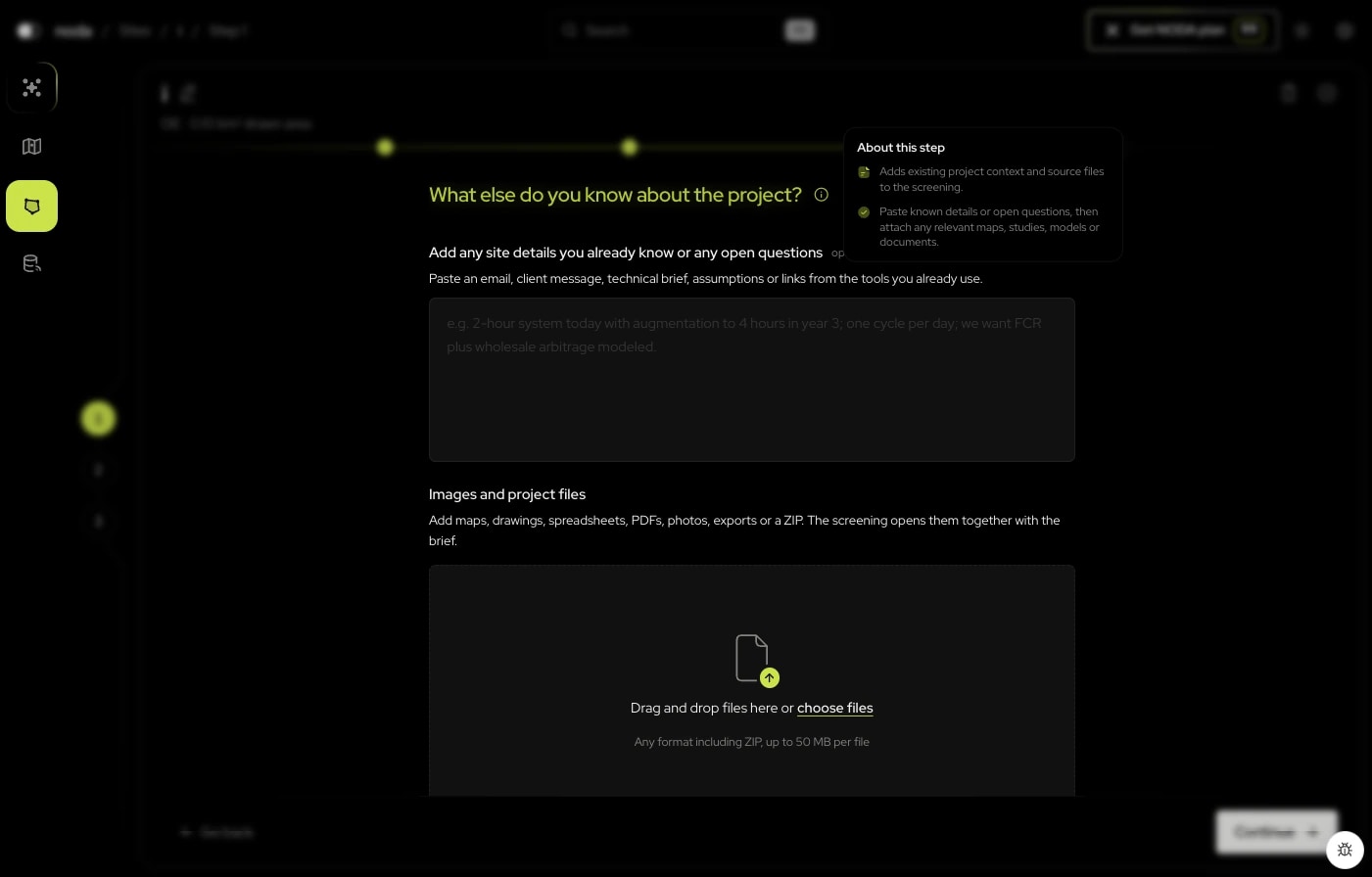 The Noda console asking what else is known about the project, with a drop area that takes any format up to 50 MB per file