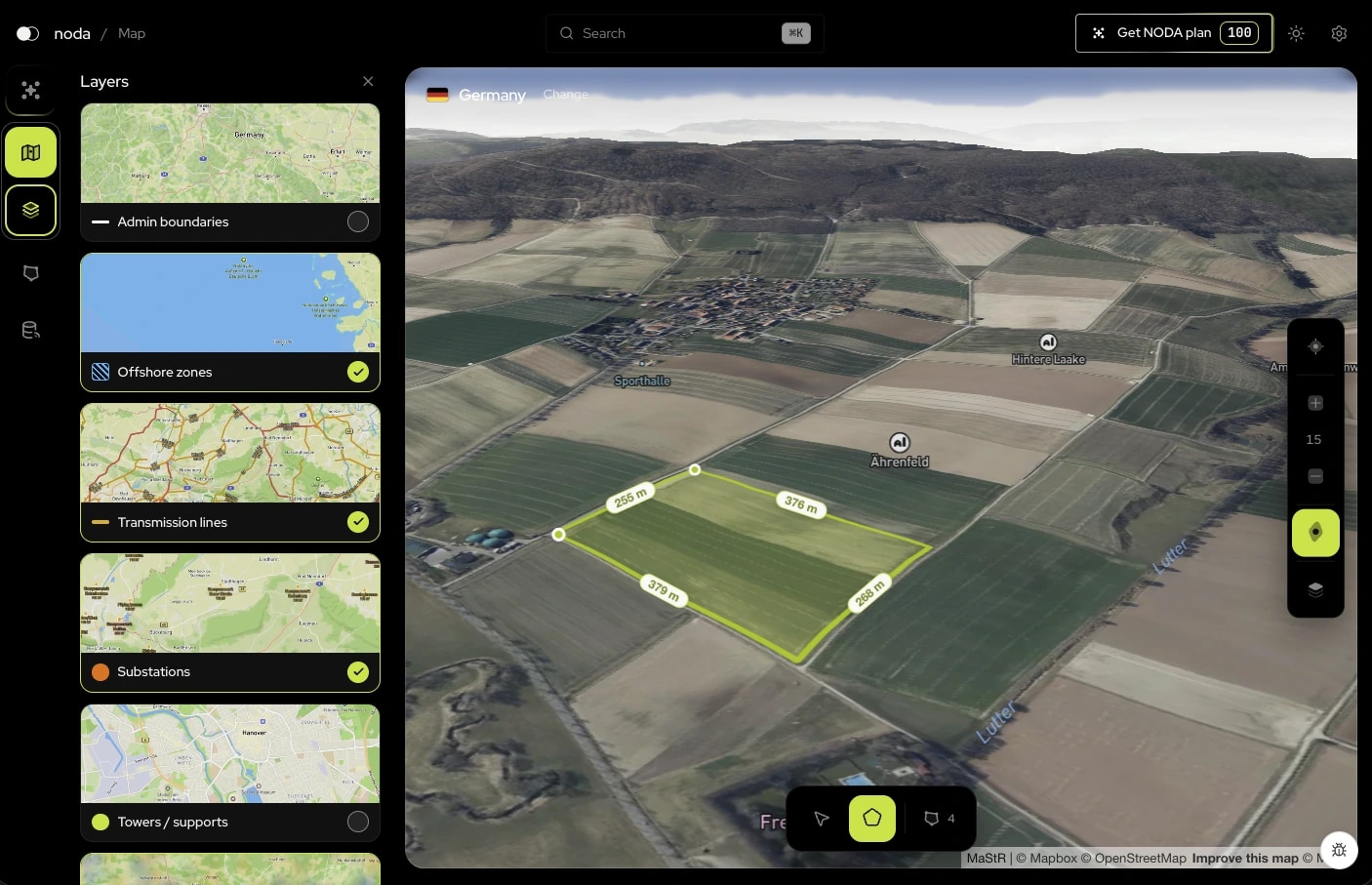 The Noda map console with a site drawn over farmland in Germany, its edges measured in metres, and the layer panel open
