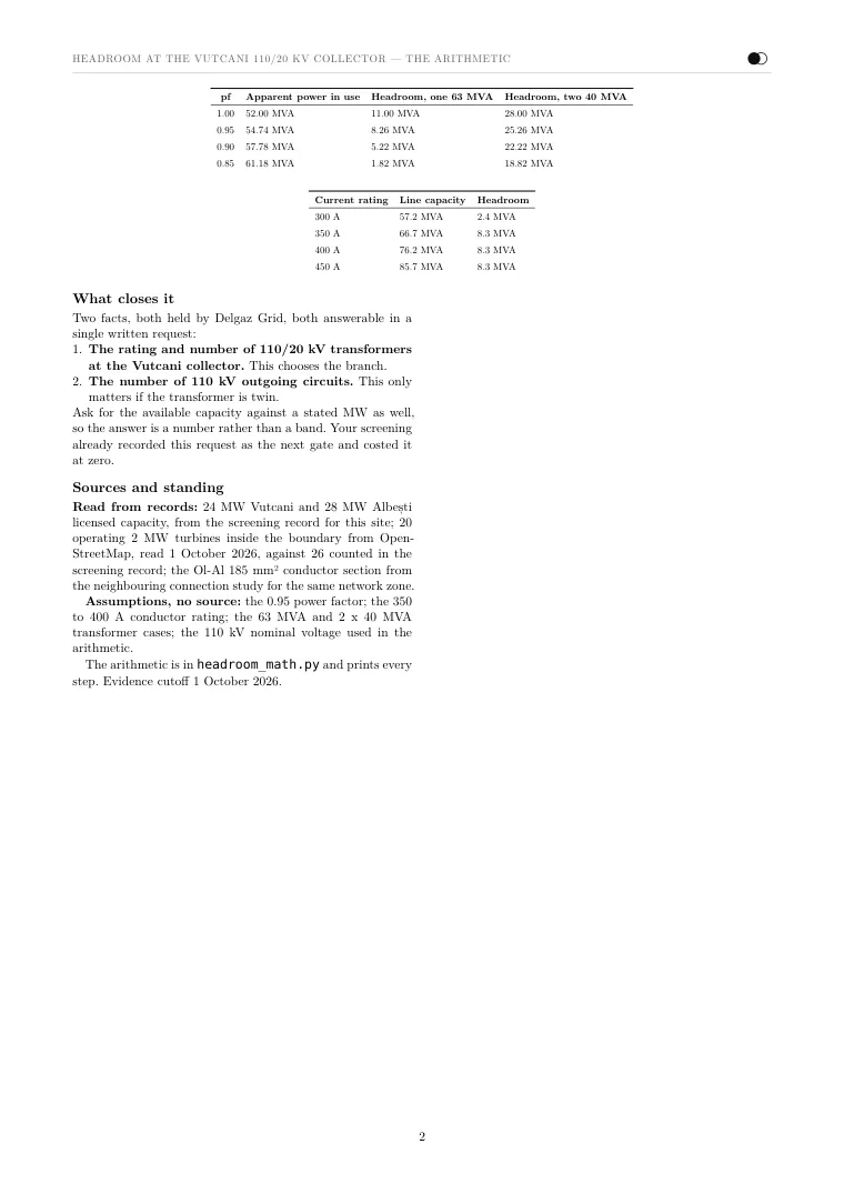 The headroom derivation Noda wrote for the Vutcani 110/20 kV substation, page 2 of 2: the power factor and line rating sensitivity tables, the two facts that close the answer, and the standing of every input