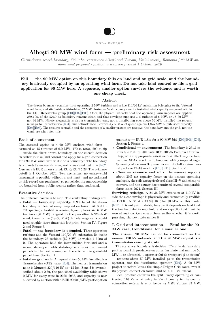 The screening report Noda wrote for the 90 MW Vaslui site, page 1 of 11: the title, the verdict, the abstract, the executive decision and the start of the grid section