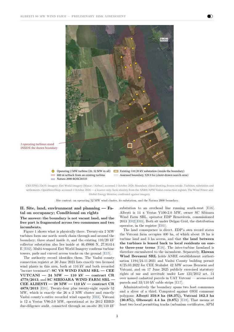 The screening report Noda wrote for the 90 MW Vaslui site, page 3 of 11: a satellite map of the operating wind farm around the boundary, and the site and land section