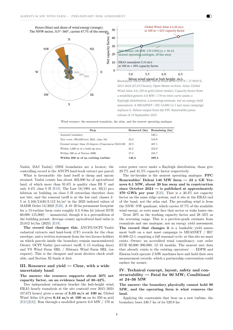 The screening report Noda wrote for the 90 MW Vaslui site, page 4 of 11: a wind rose and capacity factor chart, the table of land each constraint removes, and the resource section