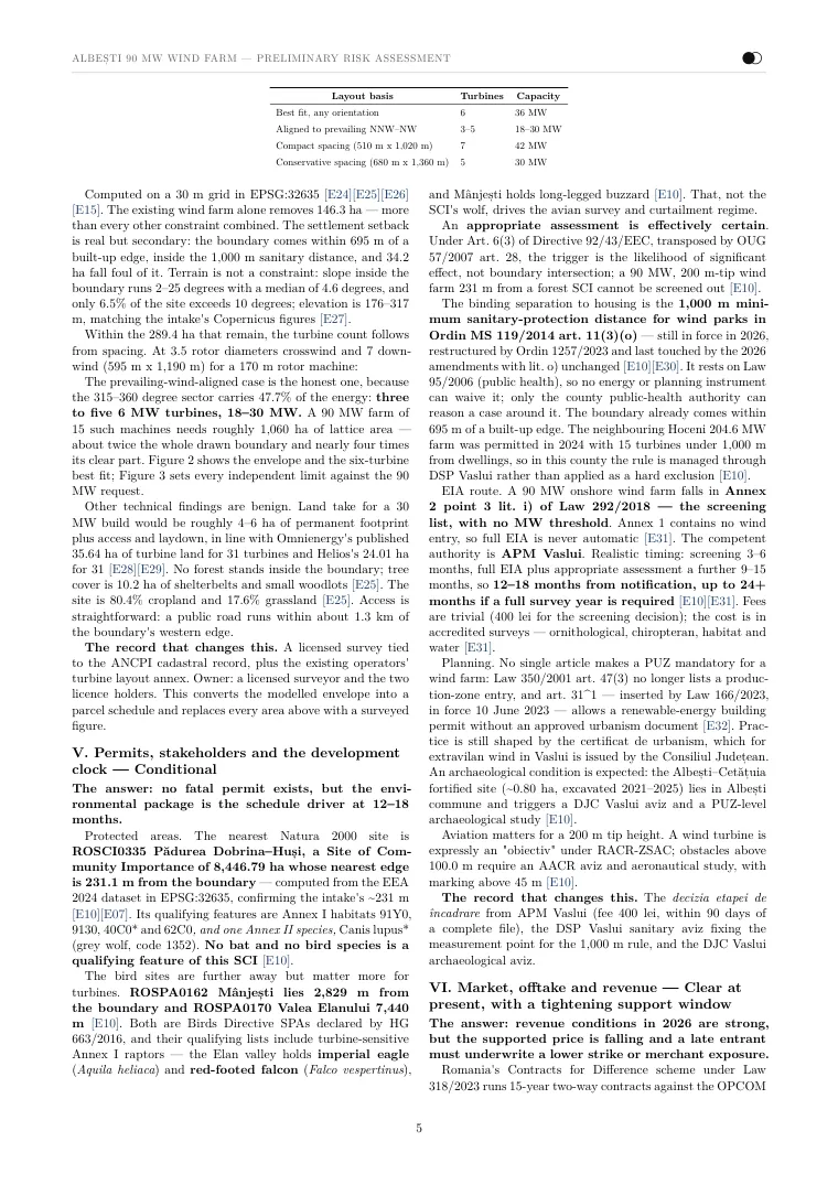 The screening report Noda wrote for the 90 MW Vaslui site, page 5 of 11: the layout table, and the permits section on Natura 2000, the 1,000 m rule and the environmental assessment