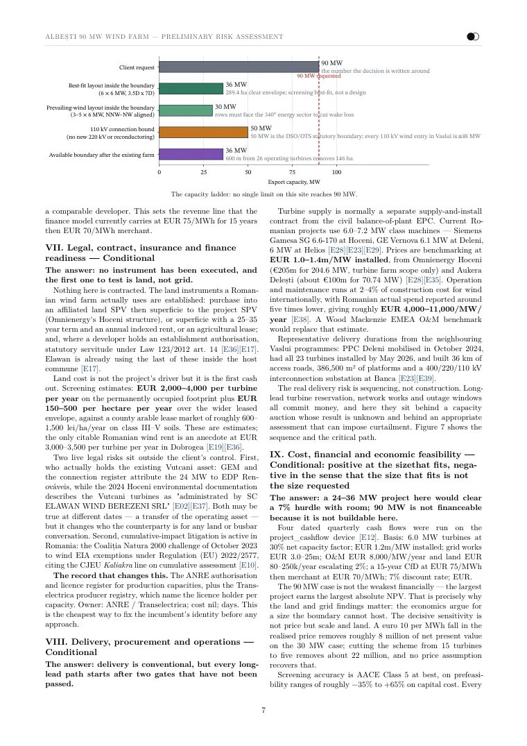 The screening report Noda wrote for the 90 MW Vaslui site, page 7 of 11: a chart of what each limit allows against the 90 MW request, and the legal and delivery sections