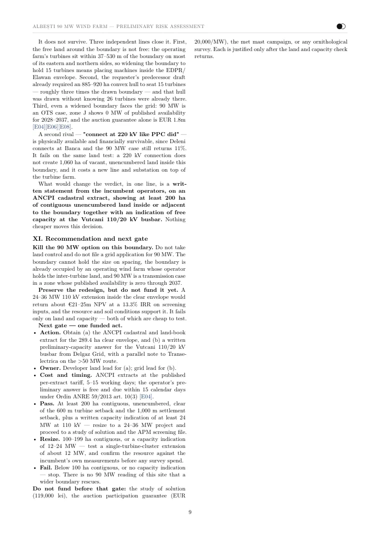 The screening report Noda wrote for the 90 MW Vaslui site, page 9 of 11: the rival readings tested and rejected, the recommendation and the next gate