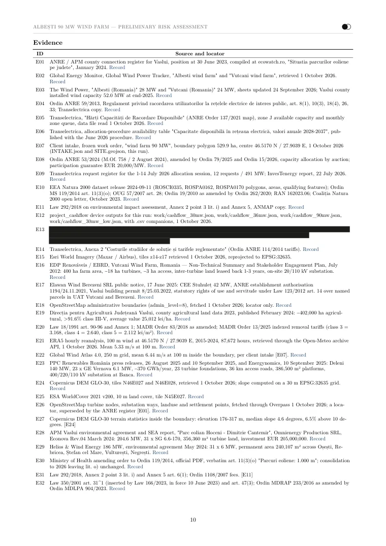 The screening report Noda wrote for the 90 MW Vaslui site, page 10 of 11: the evidence table, E01 to E32