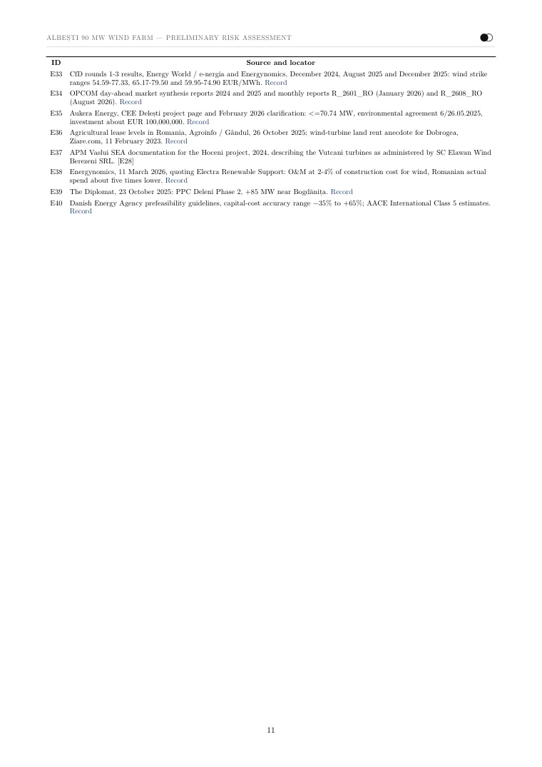 The screening report Noda wrote for the 90 MW Vaslui site, page 11 of 11: the evidence table, E33 to E40