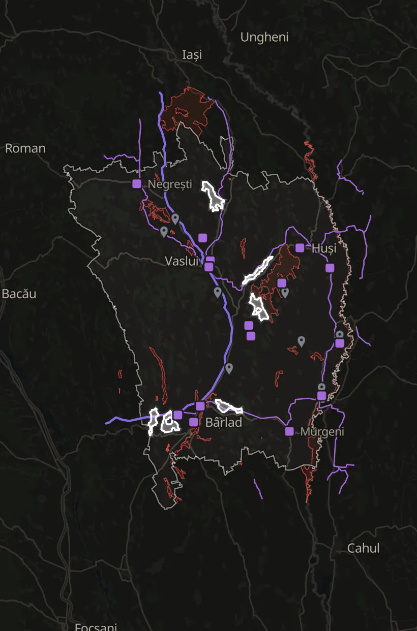 Map of Vaslui county, Romania: the six priority wind areas outlined in white, the 110 kV and 220 kV lines, substations, and Natura 2000 and other protected areas