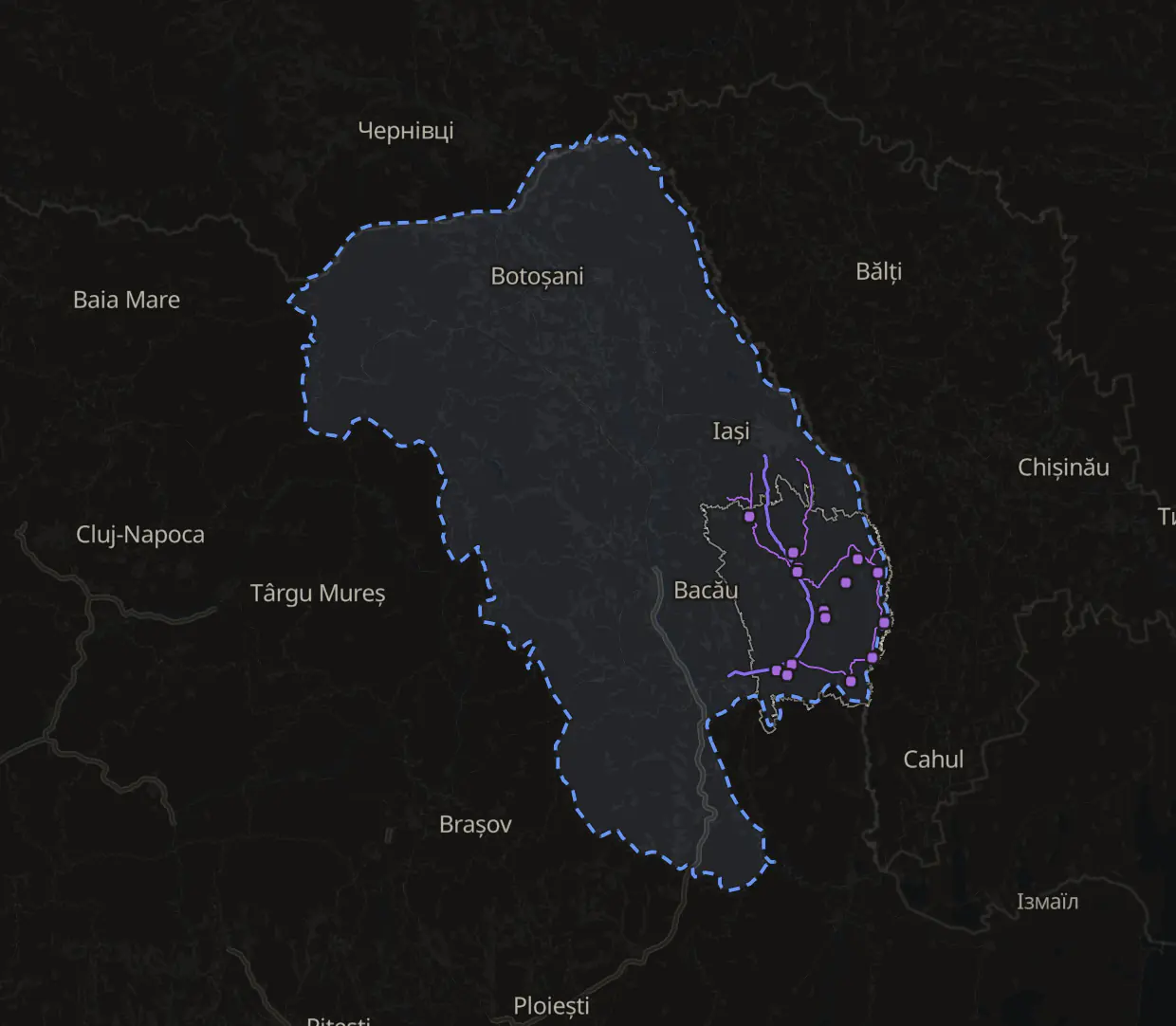 Map of zone J, the Moldova grid zone of six counties that holds Vaslui: its outline dashed, the 110 kV and 220 kV lines and the named substations