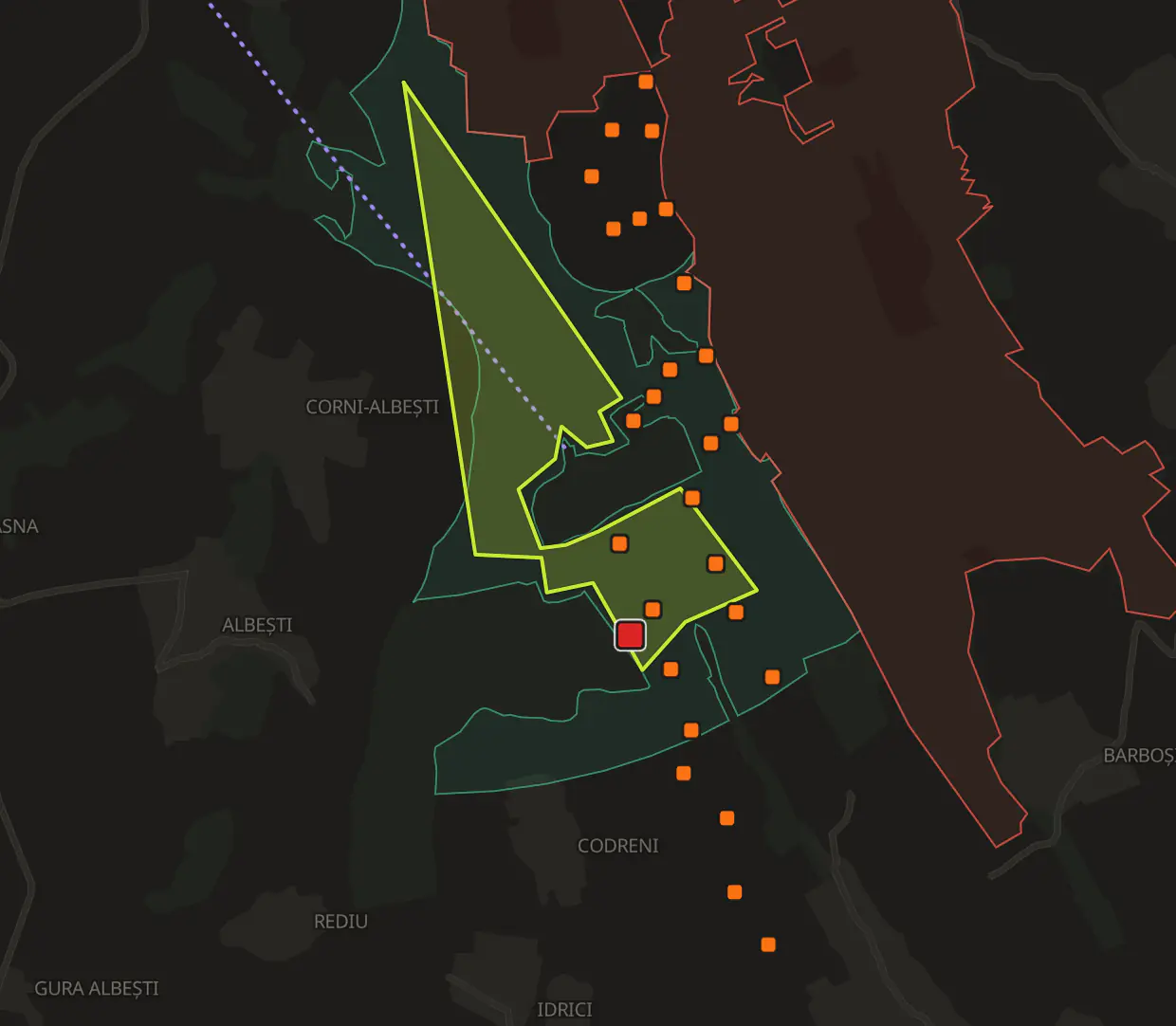 Map of the saved 529.9 ha wind site near Albești, Vaslui: the site in lime, the operating turbines and the 110/20 kV substation inside it, the buildable land nearby, the Natura 2000 site next to it and the indicative route to the 110 kV line