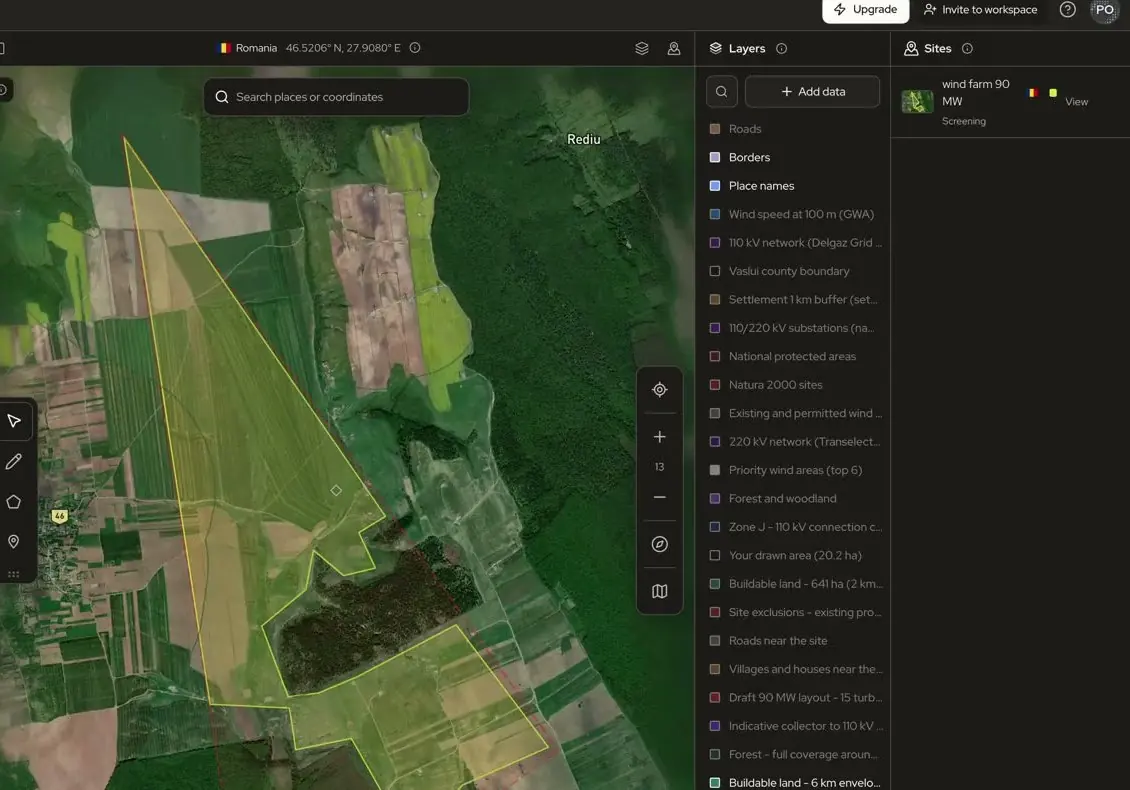 Noda project map of a 90 MW wind farm screening in Vaslui, Romania, with layers for 110 kV lines, Natura 2000 sites, settlement buffers and buildable land