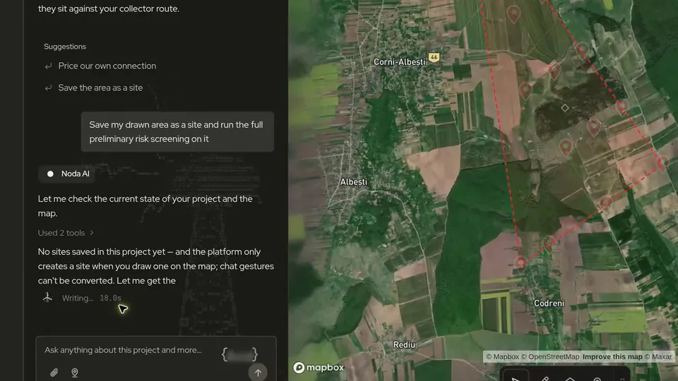 Noda screening a drawn wind farm site in Vaslui, Romania: it finds operating wind turbines and a substation inside the boundary, and that only 289.4 ha of the 529.9 ha stays clear