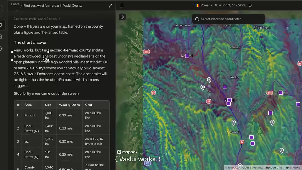 Noda in Vaslui county, Romania: the chat checks the zone J grid capacity and queue while the map shows the 110 kV lines and substations