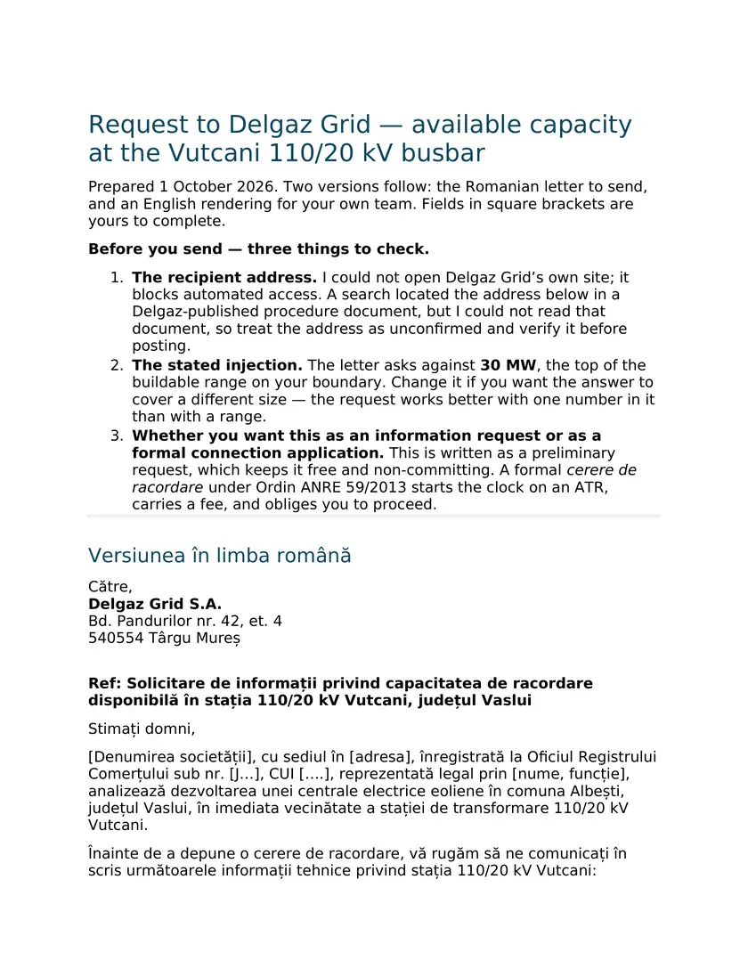 The first page of the request Noda drafted to Delgaz Grid: three checks before you send, then the Romanian letter asking for the capacity at the Vutcani 110/20 kV substation